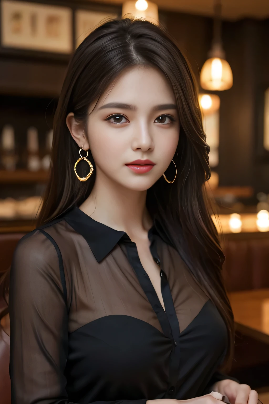 masterpiece, highest quality, Realistic, Very detailed, Finer details, High resolution, 8k wallpaper, One beautiful woman, Wear a black see-through shirt, In a great restaurant, At night, Light brown messy hair, Perfect dynamic composition, Beautiful and beautiful eyes、Big earrings