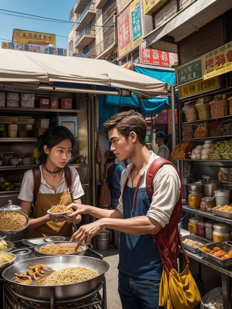 A street photography picture of Peter Parker the wandering backpacker Traveller, with mirrorless camera hanging on his neck, talking with a beautiful Mie Goreng seller woman at her exotic food stall, with an intricate detail of bustling street food market background, photorealistic color pencil illustration, highly influenced with Don Lawrence style, octane render, sharp and crisp picture