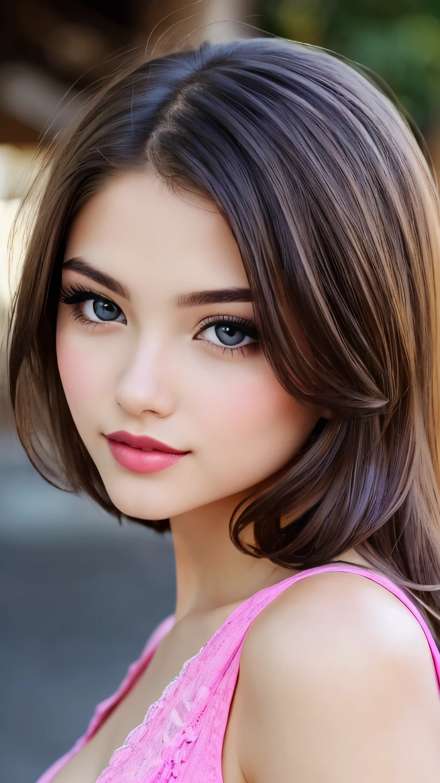 beautiful girl, brown eyes, beautiful 18 year old girl, hair color [Brown highlights hair], [undercut pixie] hair, short hair, lips, realistic, narrow waist, charming, pink lipstick, colorful makeup, long eyelashes, fair skin, (cute), (detailed face), detailed eyes, detailed iris, (large breasts:1.2), smirk, (cowboy shot), (short shorts)