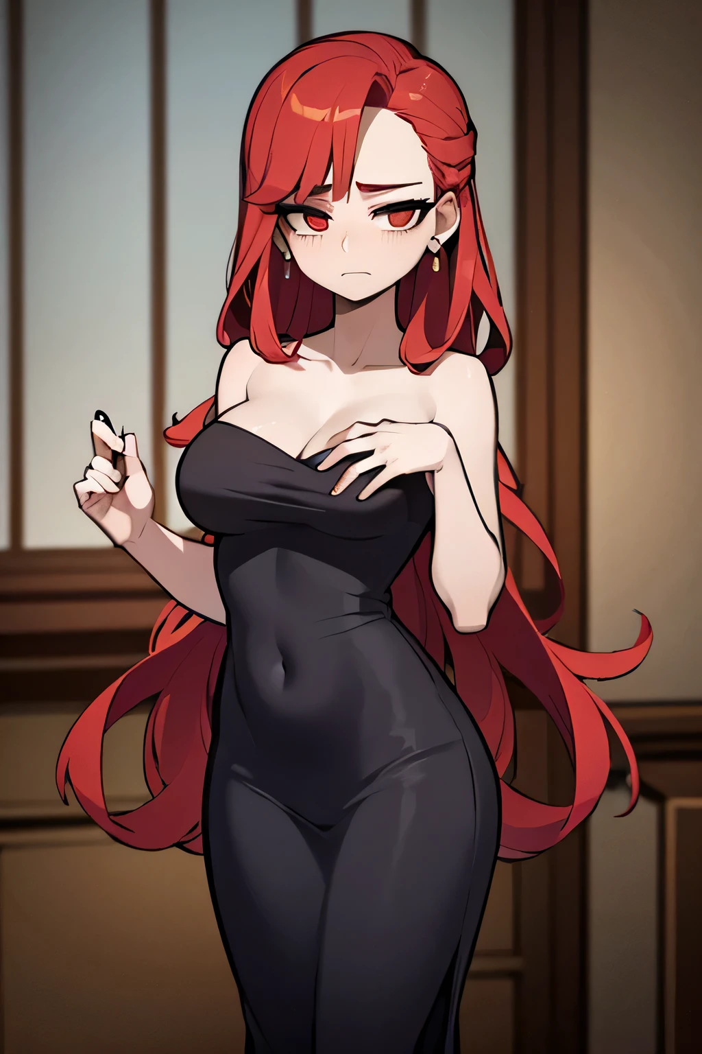 (Masterpiece, best quality: 1.2), (1 woman), ((elegant dress, elegant dinner)), long wavy hair, red hair, correct anatomy, (confused face, shy)
