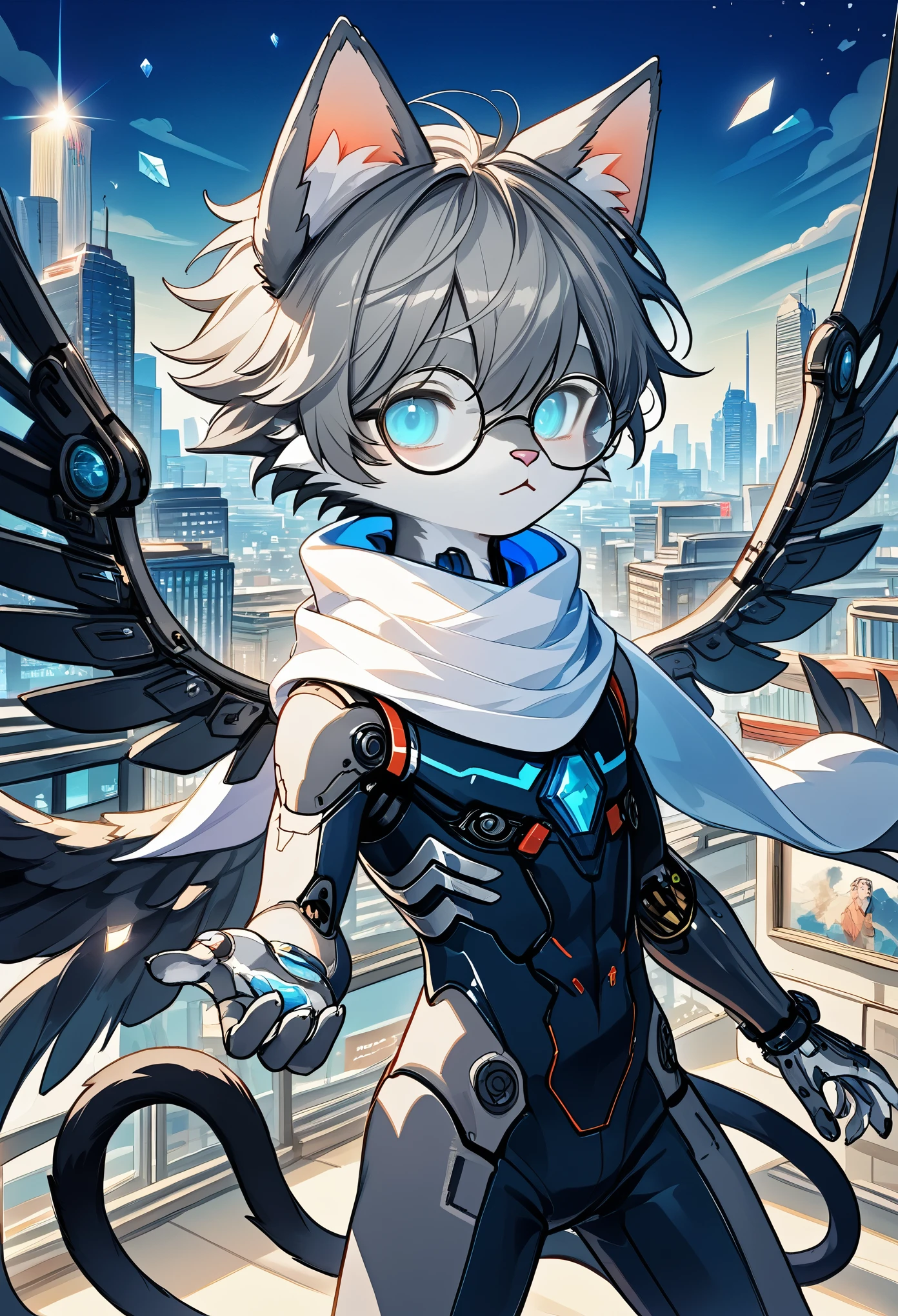 Highest quality, delicate painting style, delicate hook line, masterpiece, delicate skin, delicate hair, complete painting, masterpiece, delicate hands, delicate eyes, normal eyes, gray cat ears, furry, black frame round glasses, blue eyes, handsome, ((white scarf)), cat style, Shota, cyberpunk, blue pupils, city night view, gray crystal wings, mottled light and shadow, boy, bright eyes of God. , crystal shards in the air, cities, gray fur