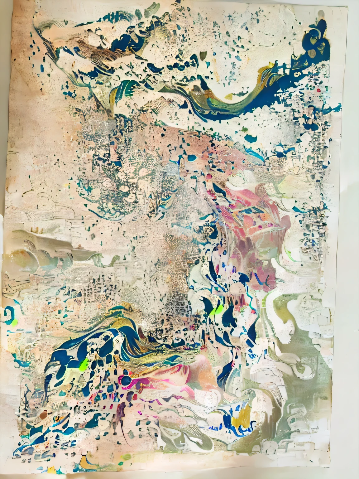 Please generate an abstract painting in this picture,Contains various lines,Combination of graphics,Animals refer to Shan Hai Jing,Surrealist painting