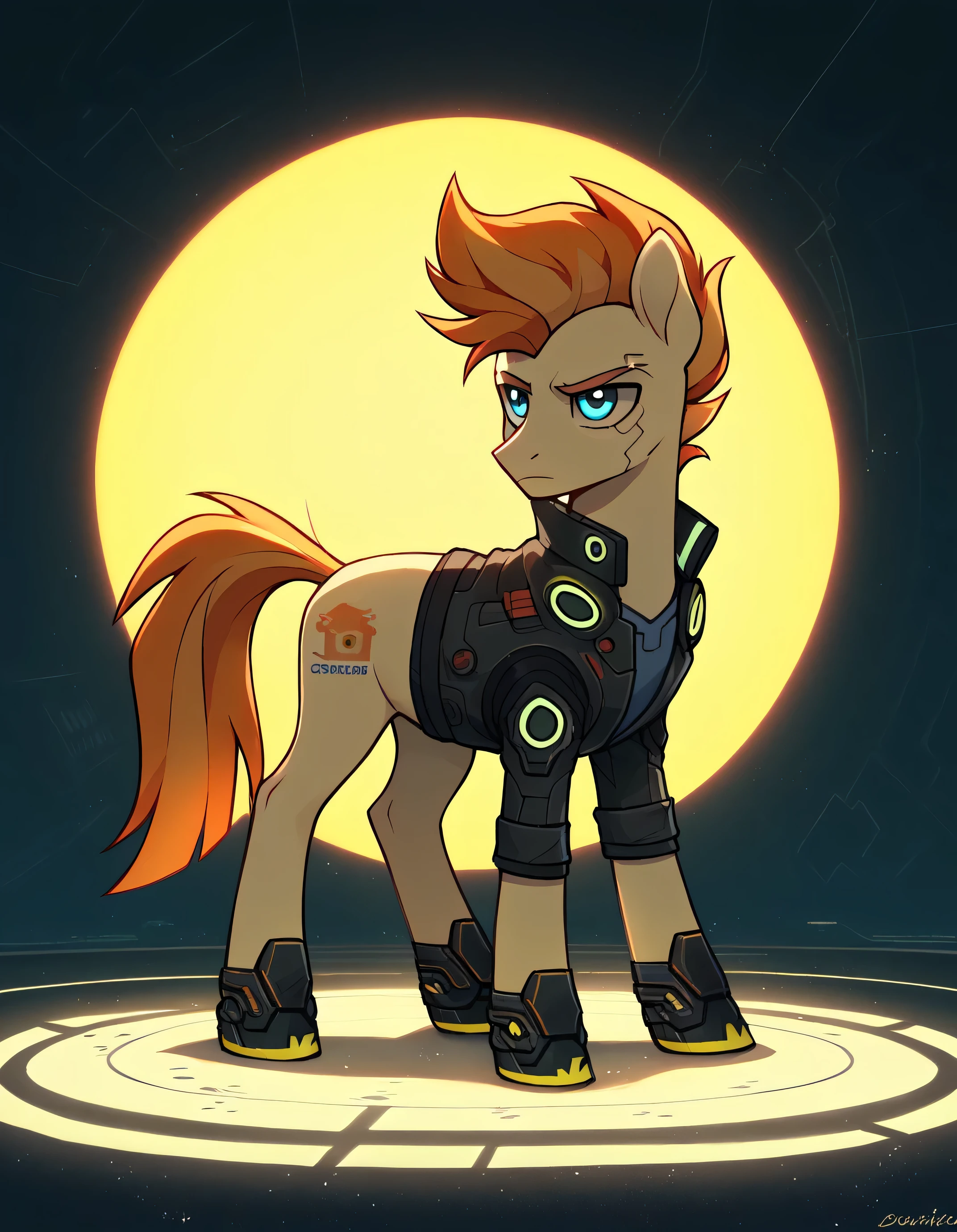 score_9,score_8_up,score_7_up,score_6_up, Cyberpunk pony, cyber-punk fashion, glowing backlight, tech-city scene, glitter, whimsical, enchanted, magical, fantasy art concept, intricate details, stallion, full body, burnt orange hair, light blue eyes, solo, male, exhausted