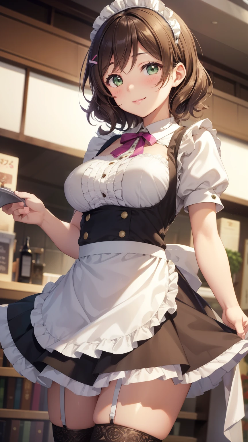 nozomitoujou, nozomi toujou, green eyes, brown hair, short curly hair, large breasts, masterpiece, best quality, high resolution, beautiful detailed eyes, extremely detailed face, good lighting, detailed CG, messy hair, glossy lips, maid, short puffy sleeves, small maid apron, thigh highs, light smile, shopping centre, crowd