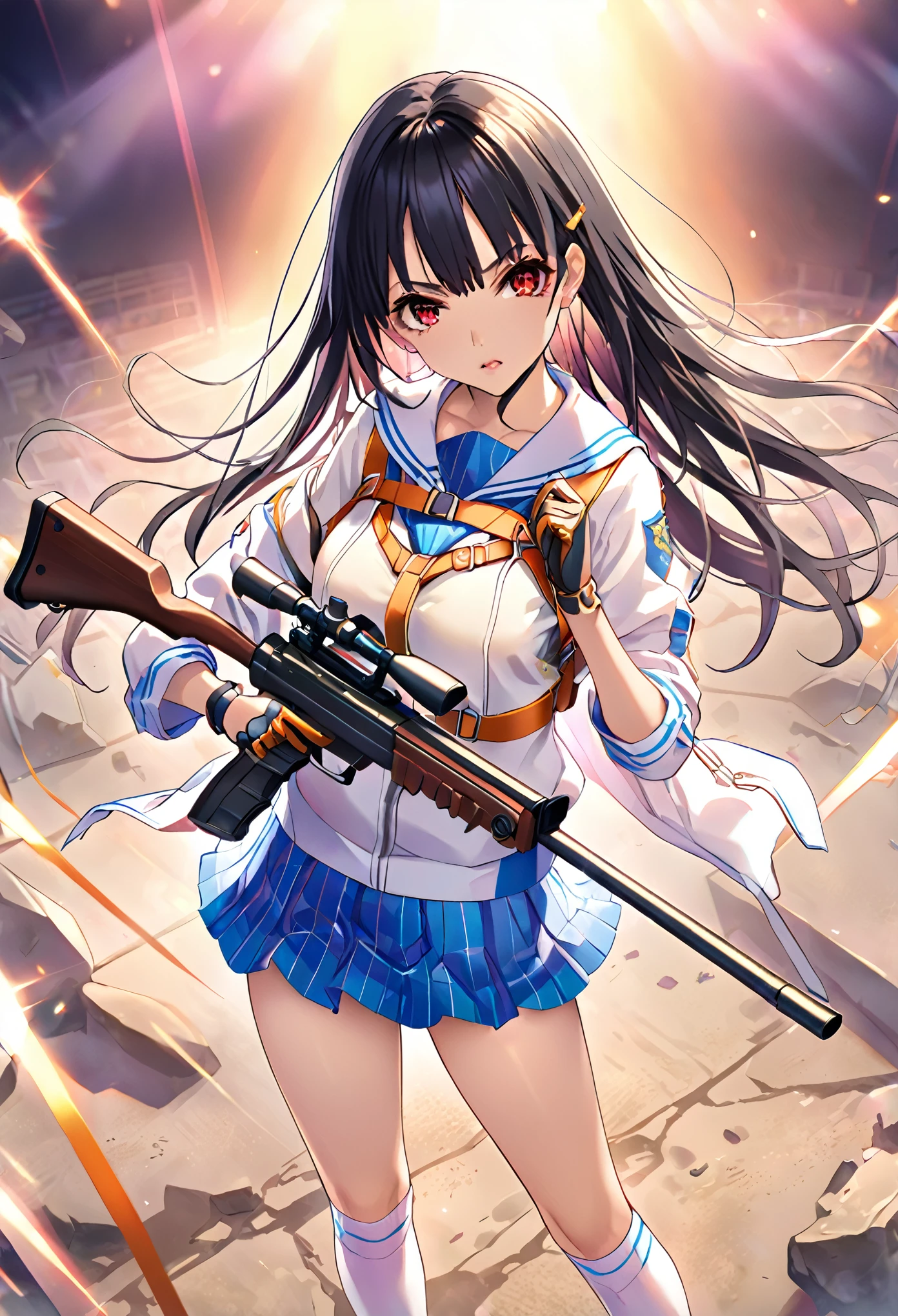 masterpiece、highest quality、Ultra-high resolution、Maximum resolution、Very detailed、Professional Lighting、anime、woman、thin、so beautiful、high school girl、White sailor suit、White knee-high socks、Equipped with a sniper rifle、Red Eye、Black Hair、long haingerless gloves、Tactical Boots、Equipped with transparent orange shooting glasses、Equipped with a chest rig、Standing alone on the battlefield