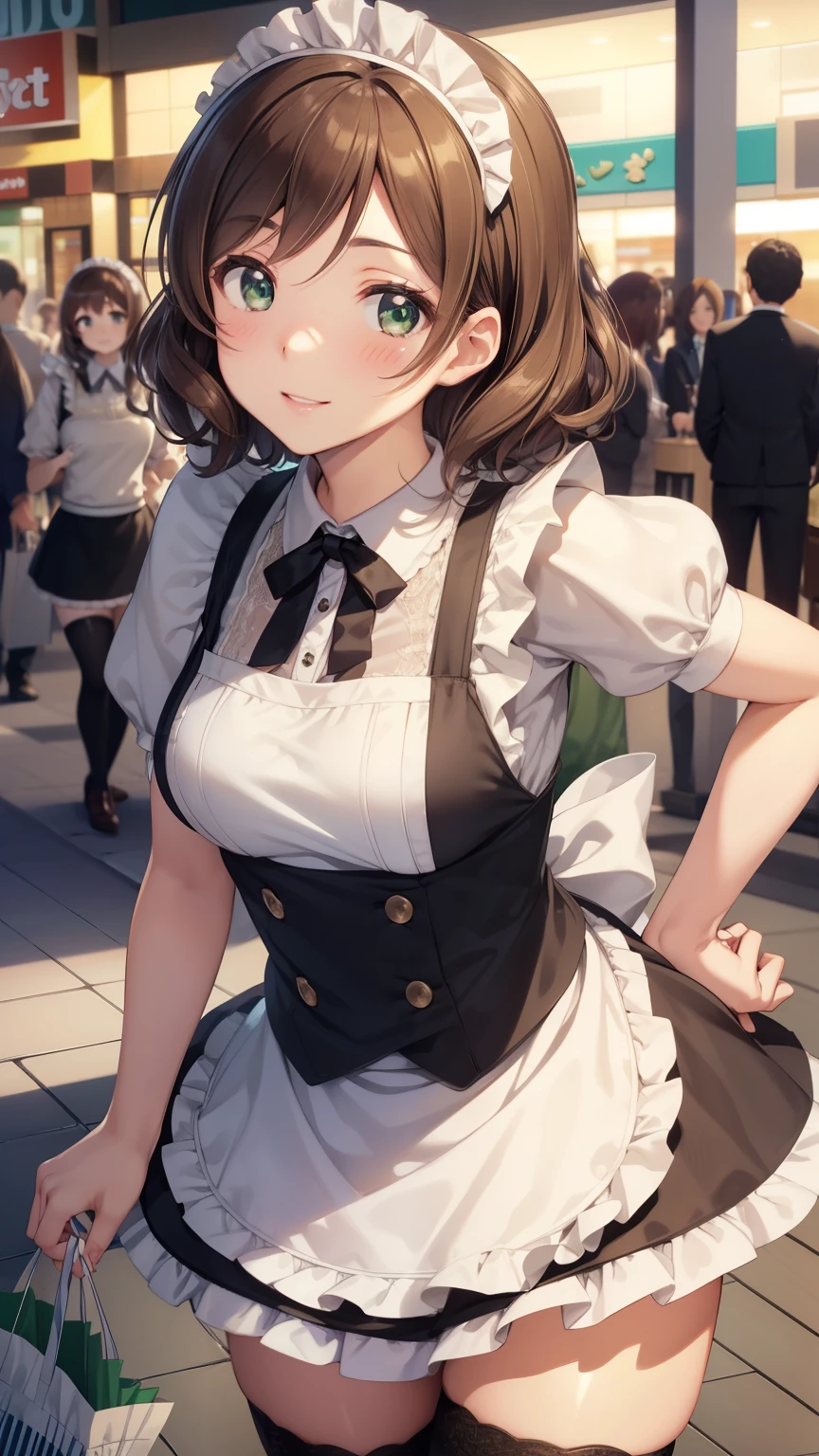 nozomitoujou, nozomi toujou, green eyes, brown hair, short curly hair, large breasts, masterpiece, best quality, high resolution, beautiful detailed eyes, extremely detailed face, good lighting, detailed CG, messy hair, glossy lips, maid, short puffy sleeves, small maid apron, thigh highs, light smile, shopping centre, crowd