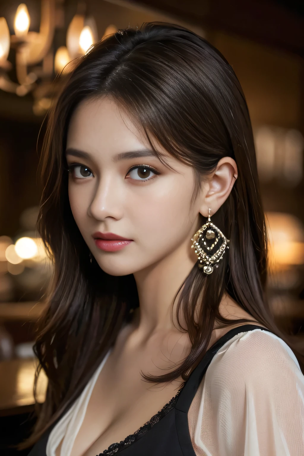 masterpiece, highest quality, Realistic, Very detailed, Finer details, High resolution, 8k wallpaper, One beautiful woman, Wear a black see-through shirt, In a great restaurant, At night, Light brown messy hair, Perfect dynamic composition, Beautiful and beautiful eyes、Big earrings