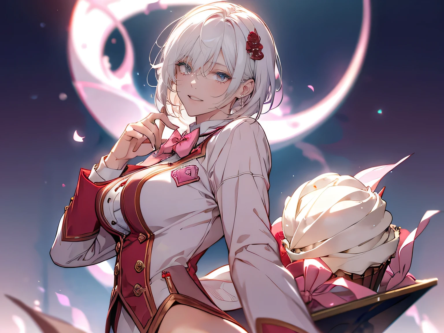 1female, teacher, wearing a white and pink suit, red bowtie, bootyshorts, Thicc, white hair, short hair, glowing blue eyes, face to detail, detailed eyes, the background is a dark place, showing her fangs, Close up. Holding a pink cupcake.