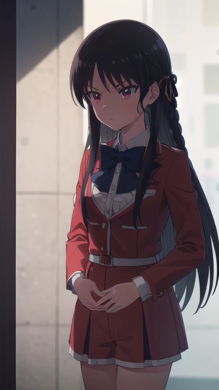 suzunehorikita, suzune horikita, pelo largo, pelo negro, (ojos rojos:1.3), Cinta para el pelo, trenza,
ROMPER bow, , chaqueta, bow tie, blue bow tie, chaqueta de sport, (red chaqueta de sport:1.5), falda, white falda,
ROMPER indoors, aula,
ROMPER looking at viewer, (tiro de vaquero:1.5),
ROMPER (obra maestra:1.2), mejor calidad, high resolution, fondo de pantalla de unidad 8k, (ILLUSTRATION:0.8), (Hermosos ojos detallados:1.6), cara extremadamente detallada, perfect lighting, CG extremadamente detallado, (manos perfectas, perfect ???????),
