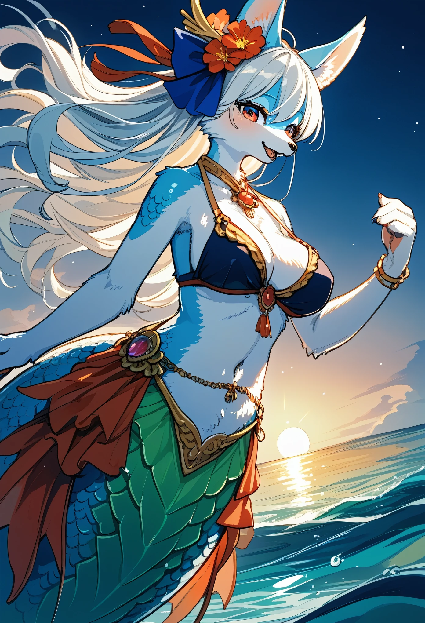 e621, On a moonlit night, furry anthro, kemono, mermaid, a beautiful woman with bright shining scales on her skin dances gracefully on a white sandy beach Her beautiful face and brightly colored shining eyes The sea and the woman's scales shining faintly in the moonlight. Detailed drawing Vivid colors High image quality,