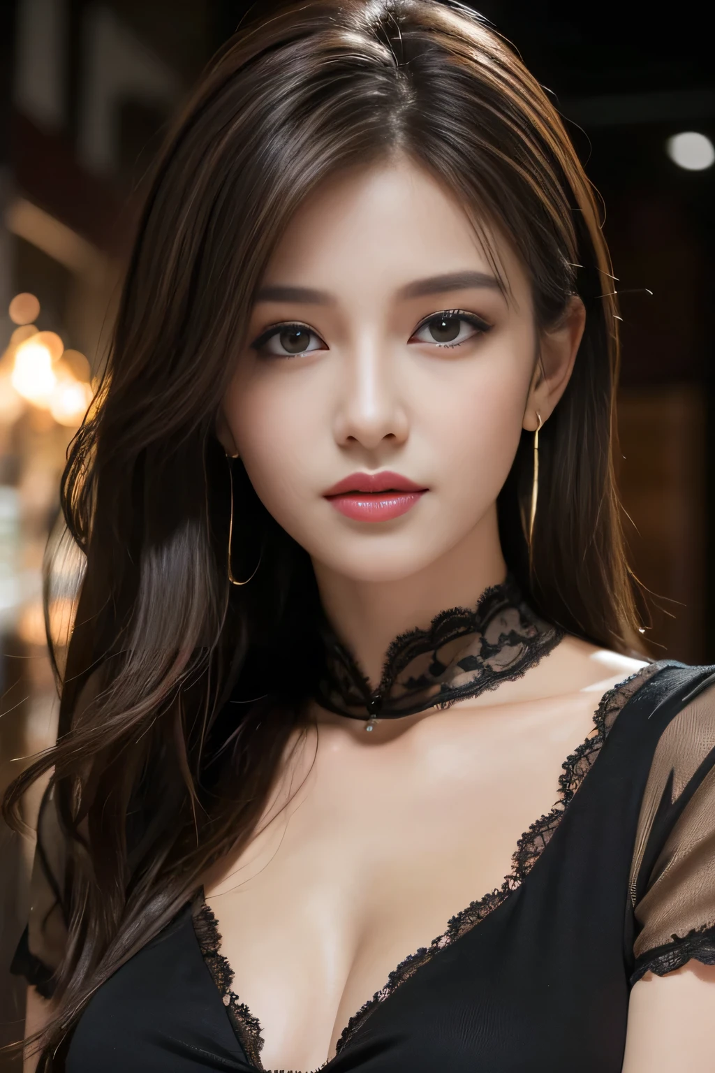 masterpiece, highest quality, Realistic, Very detailed, Finer details, High resolution, 8k wallpaper, One beautiful woman, Wear a black see-through shirt, In a great restaurant, At night, Light brown messy hair, Perfect dynamic composition, Beautiful and beautiful eyes、Big earrings