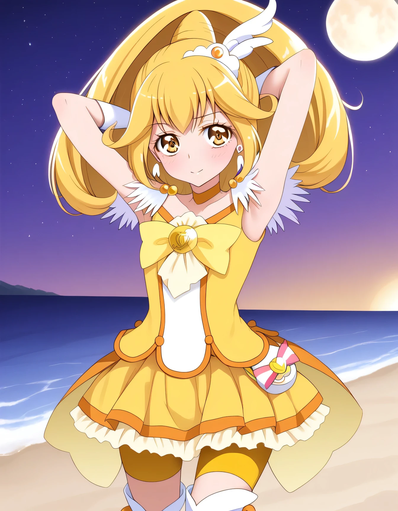 KY-CP, 1girl, yellow eyes, wide ponytail, hair flaps, hair between eyes, yellow hair, hair ornament, wing ornament, tiara, yellow choker, feather earrings, yellow bow, yellow shorts, yellow skirt, bike shorts, shorts under skirt, orange wrist cuffs, knee boots,  (cowboy shot:1.5), solo, night sky, beach, arms behind head, contrapposto, spread armpits, looking at viewer, best quality,