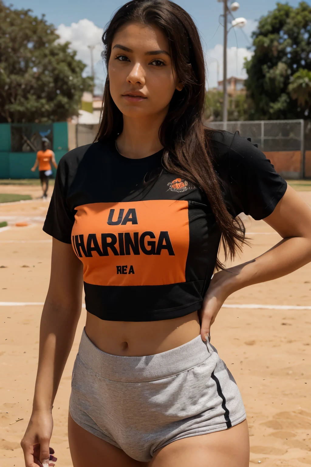 Haz una playera tipo deportiva donde predomina el naranja con negro