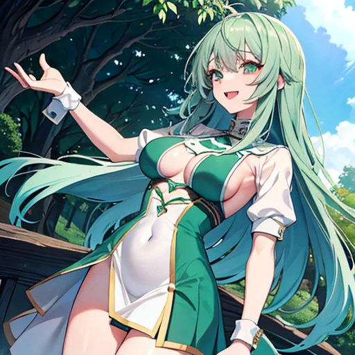 Maior qualidade, desenho, fofa, cabelo verde, cabelo de cor verde, futanari, mulher jovem, olhos expressivos, penis, erection, erection sob roupa, parque, public place, olhos verdes, sorriso nervoso, suor, Muscles, top, anime, mulher com penis, vestido branco, showing abdomen, saia de cor branca, sentada no banco