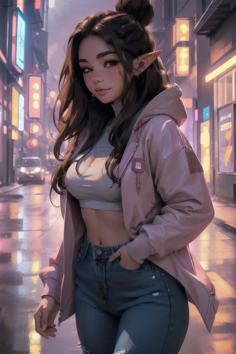 (elf girl), master piece, blushing, freckles, wide hips, slim waist, thick thighs, masterpiece, best quality, sfw, mature 36 year old woman, brown hair, moist face, wavy hair, mouth open, shiny. lips, beutiful round eyes, cyberpunk background, Waist high jeans, tight jeans, tall skyscraper background, bladerunner background, large hoodie, thick hoodie, Beautiful face, perfect face, deep e, elf ears, excited, happy, smiling, cropped hoodie, hairbun, unzipped jacket over cropped hoodie, eyes closed