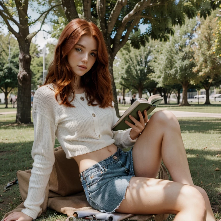 woman, 22 years old, redhead, natural hair, Chanel, slim body, reading a book in a square with trees