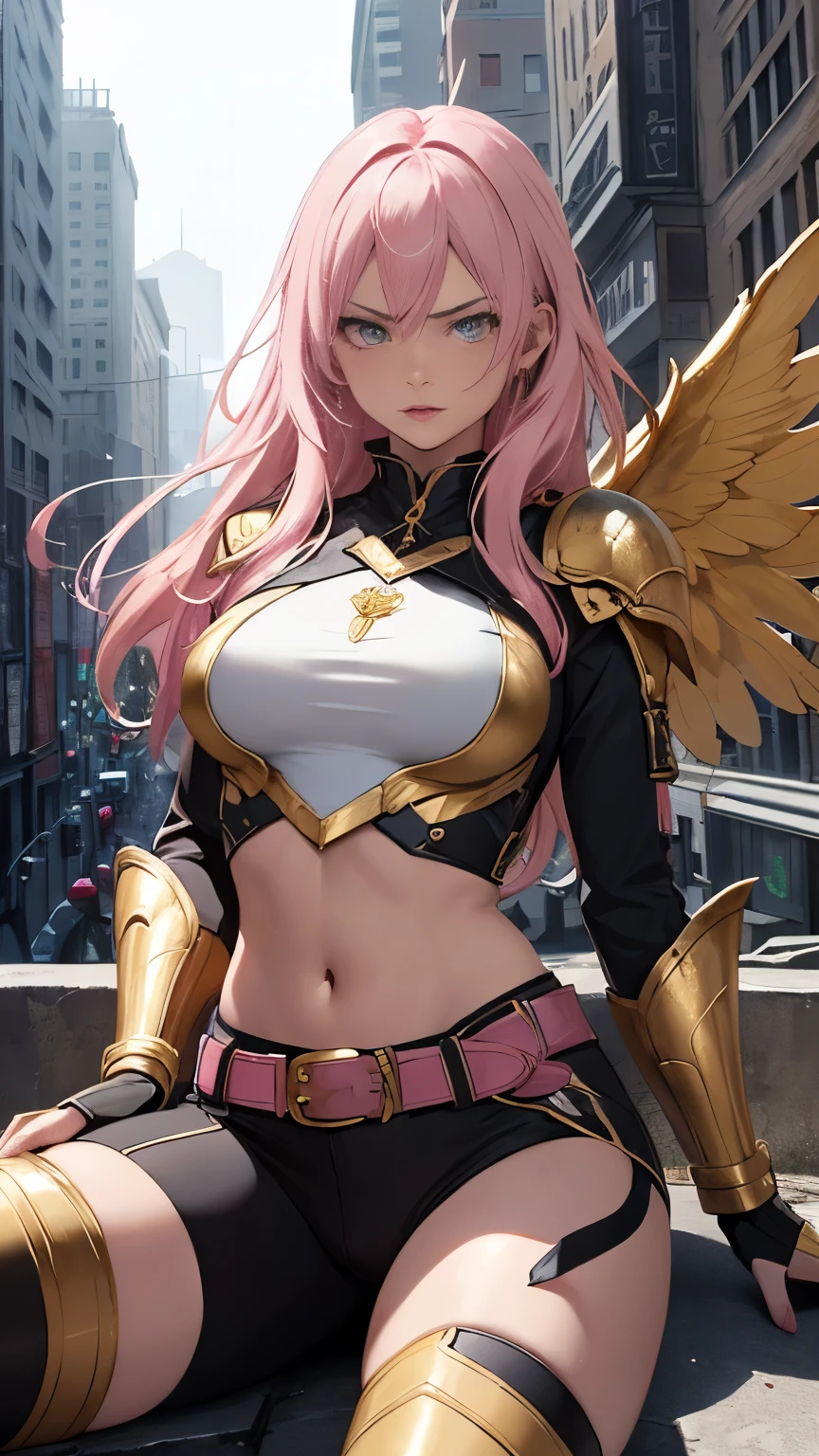 (Highly quality, masterpiece, detailed), Destroyed city detailed scenario, destroyed city detailed background, 20 years old girl, solo, angry, hero suit, straight hair, white and pink hair, Gold belt, gold wristband, Gold Shoulder pad, gold breast plates, 1girl, pink wings, sitting on top of a building, crop top, Abdomen, Navel, beautiful eyes, perfect eyes, looking at the viewer, Sexy pose