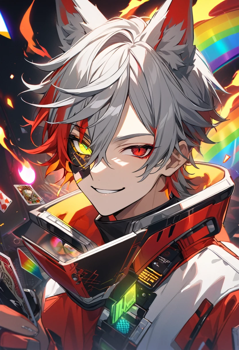 good looking, alone, 1 male, short hair, Gray Hair, Red highlights on hair tips, (Heterochromia,right eye:Glowing yellow eyes,left eye:Fiery red eyes,One eye shines rainbow-colored), White and red clothes, Smile Facial, Futuristic, cyber punk, card, You say, gambler,Wolf Ears,