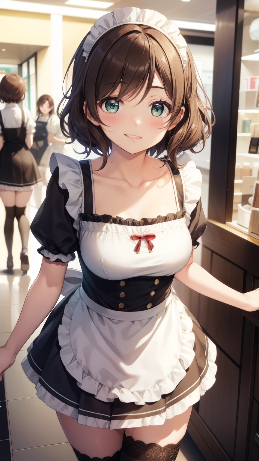 nozomitoujou, nozomi toujou, green eyes, brown hair, short curly hair, large breasts, masterpiece, best quality, high resolution, beautiful detailed eyes, extremely detailed face, good lighting, detailed CG, messy hair, glossy lips, maid, short puffy sleeves, small maid apron, thigh highs, light smile, shopping centre, crowd, collarbone