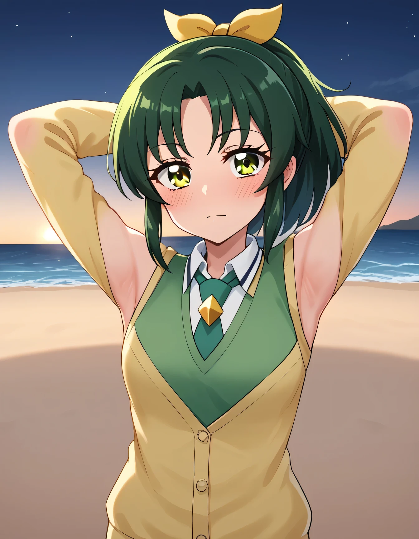 score_9, source_anime, rating_safe BREAK 2girls, couple, blush, solo, night sky, beach, 
midorikawa nao, green hair, green eyes, ponytail, hair ribbon, nanairogaoka middle , green necktie, green sweater vest, arms behind head, contrapposto, spread armpits, looking at viewer, best quality,
kise yayoi, yellow hair, yellow eyes, white hairband, hair ornament, medium hair, nanairogaoka middle , yellow necktie, yellow cardigan, arms behind head, contrapposto, spread armpits, looking at viewer, best quality,