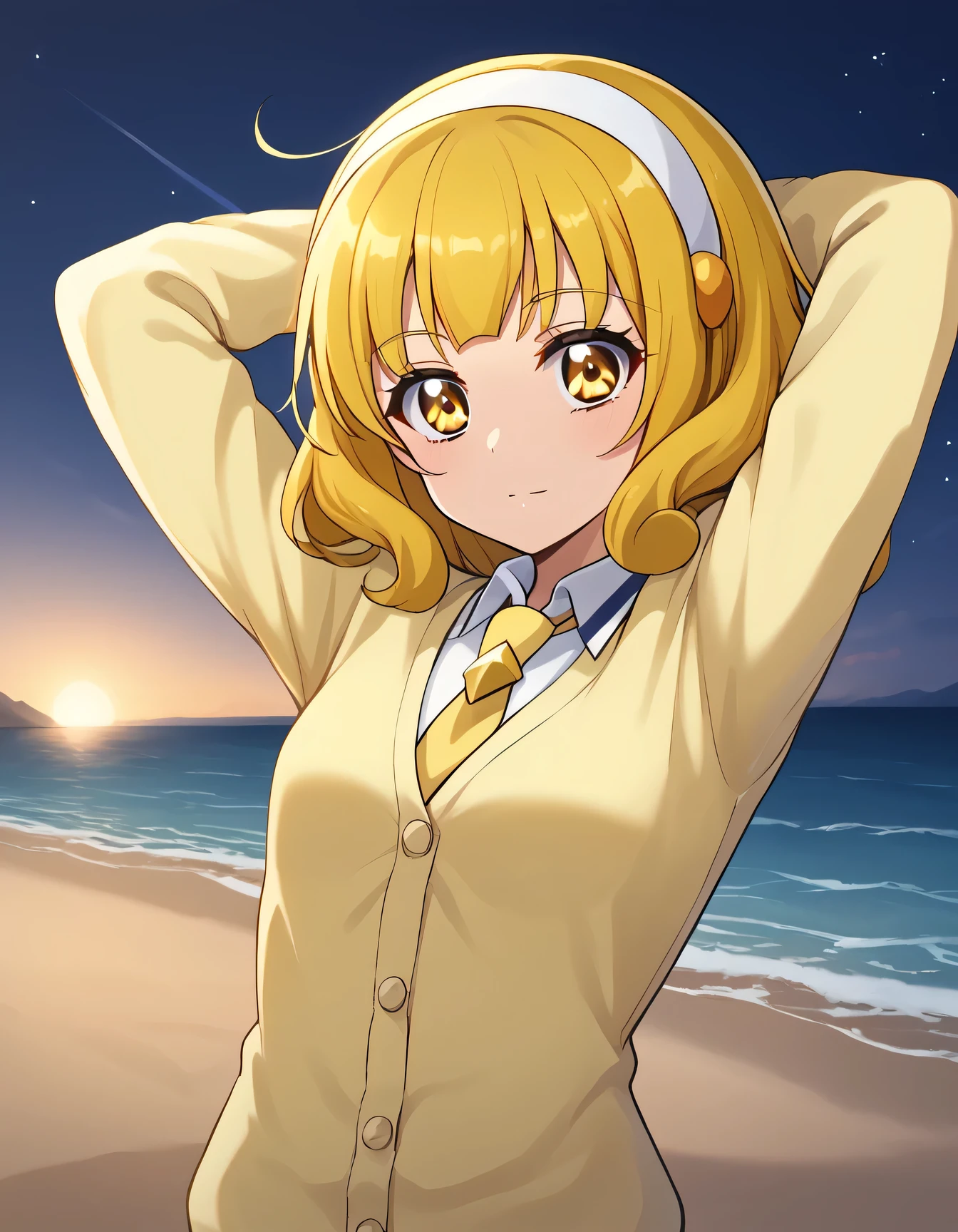 score_9, source_anime, rating_safe BREAK 1girl, solo
kise yayoi, yellow hair, yellow eyes, white hairband, hair ornament, medium hair, nanairogaoka middle , yellow necktie, yellow cardigan, (cowboy shot:1.5), solo, night sky, beach, arms behind head, contrapposto, spread armpits, looking at viewer, best quality,