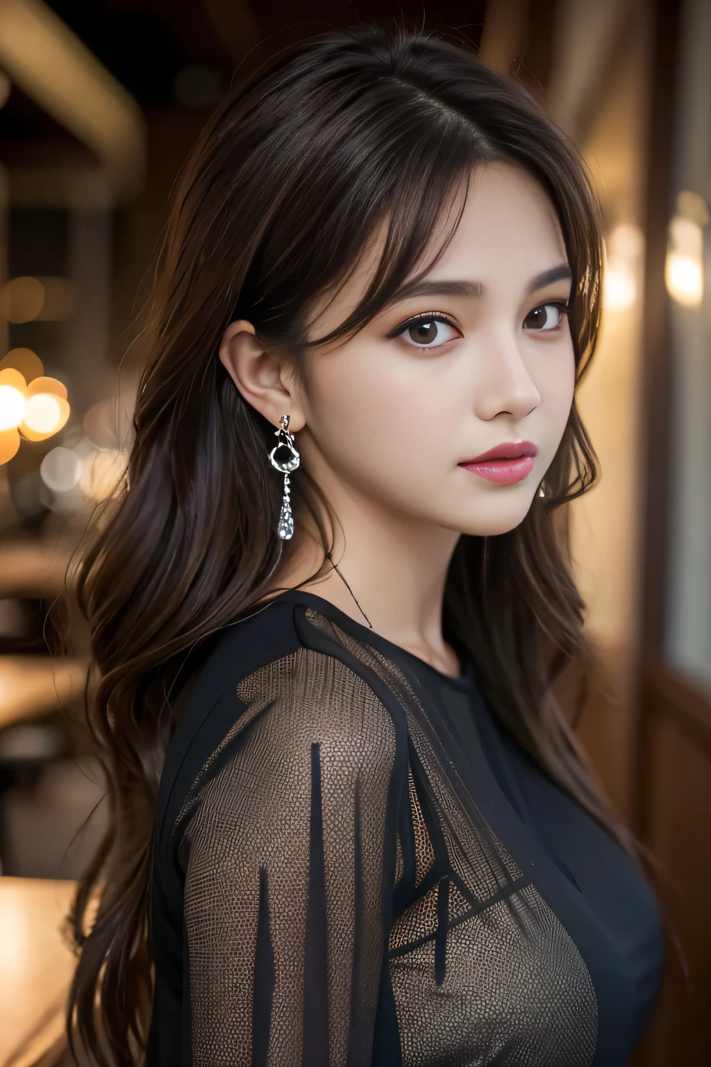 masterpiece, highest quality, Realistic, Very detailed, Finer details, High resolution, 8k wallpaper, One beautiful woman, Wear a black see-through shirt, In a great restaurant, At night, Light brown messy hair, Perfect dynamic composition, Beautiful and beautiful eyes、Big earrings
