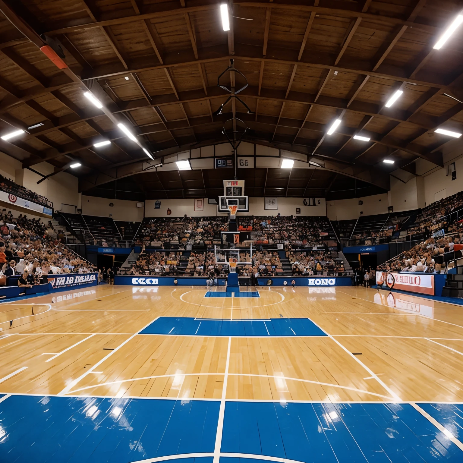 Crea una imagen donde en una cancha de basquetbol pongas un tejado