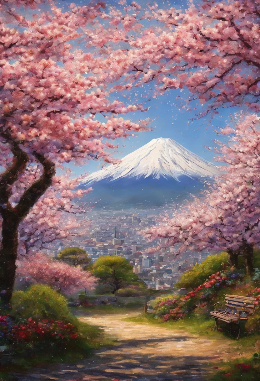 Hiperrealista, Blooming Sakura Trees, picnic, Monte Fuji.
Obra maestra