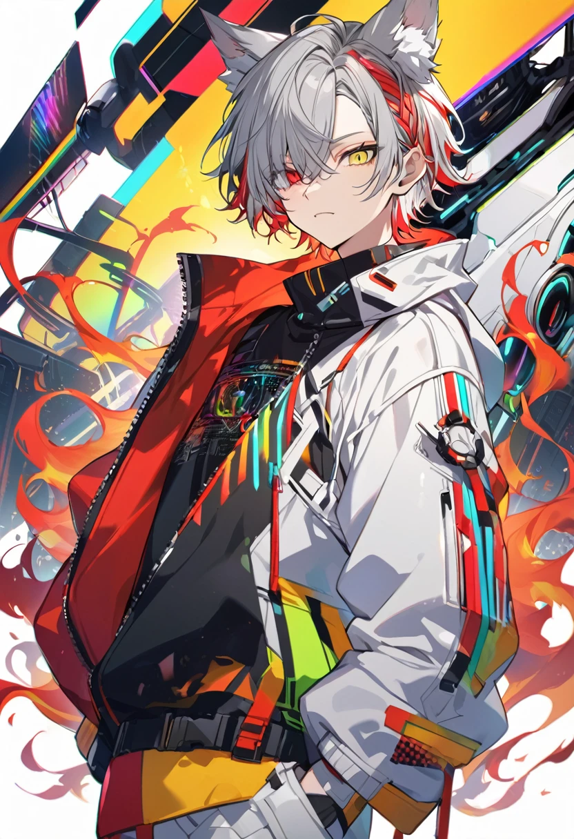 good looking, alone, 1 male, short hair, Gray Hair, Red highlights on hair tips, (Heterochromia,right eye:Glowing yellow eyes,left eye:Fiery red eyes,One eye shines rainbow-colored), White and red clothes, Futuristic, cyber punk, You say,Wolf Ears,