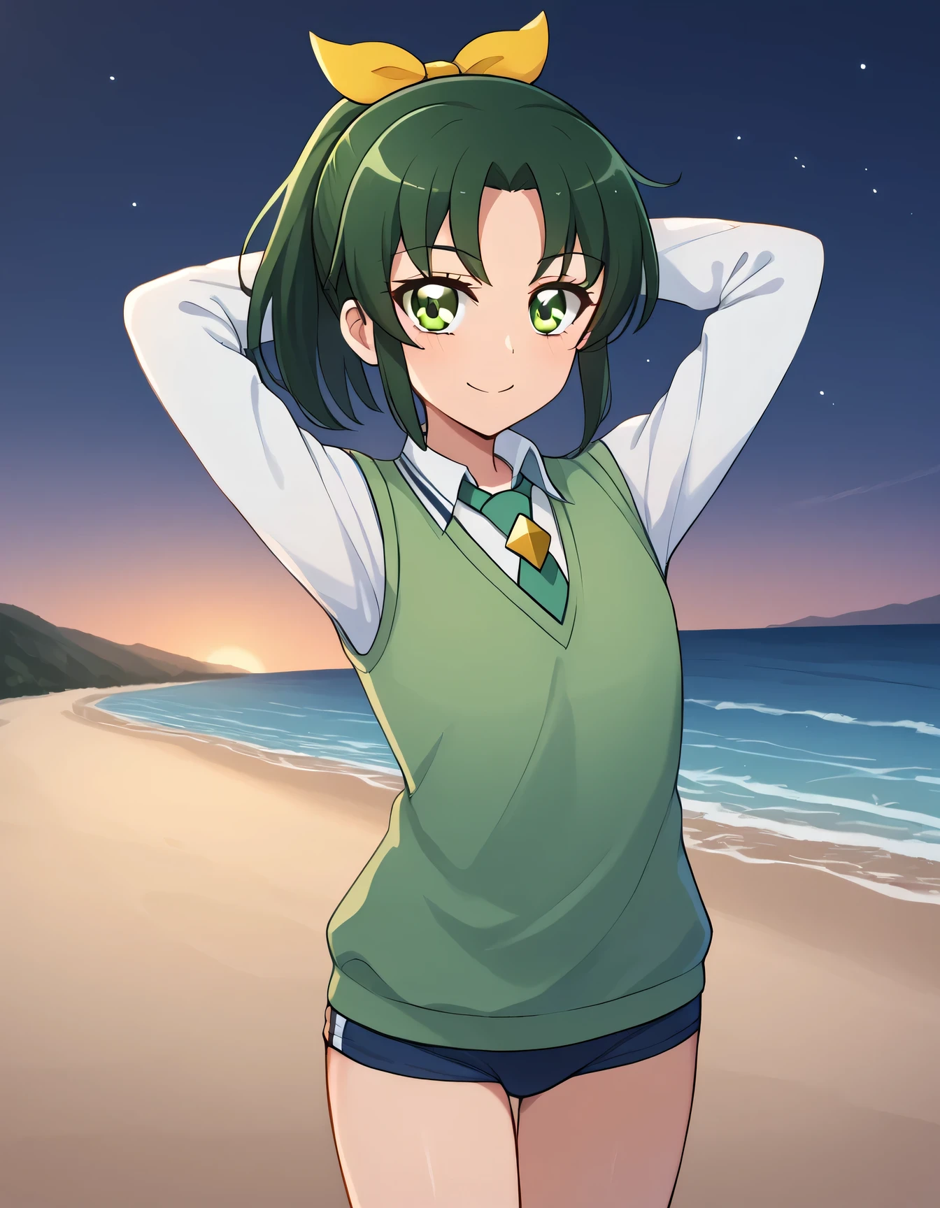 score_9, source_anime, rating_safe BREAK 1girl, solo
midorikawa nao, green hair, green eyes, ponytail, hair ribbon, nanairogaoka middle , green necktie, green sweater vest, (cowboy shot:1.5), solo, night sky, beach, arms behind head, contrapposto, spread armpits, looking at viewer, best quality, smile,