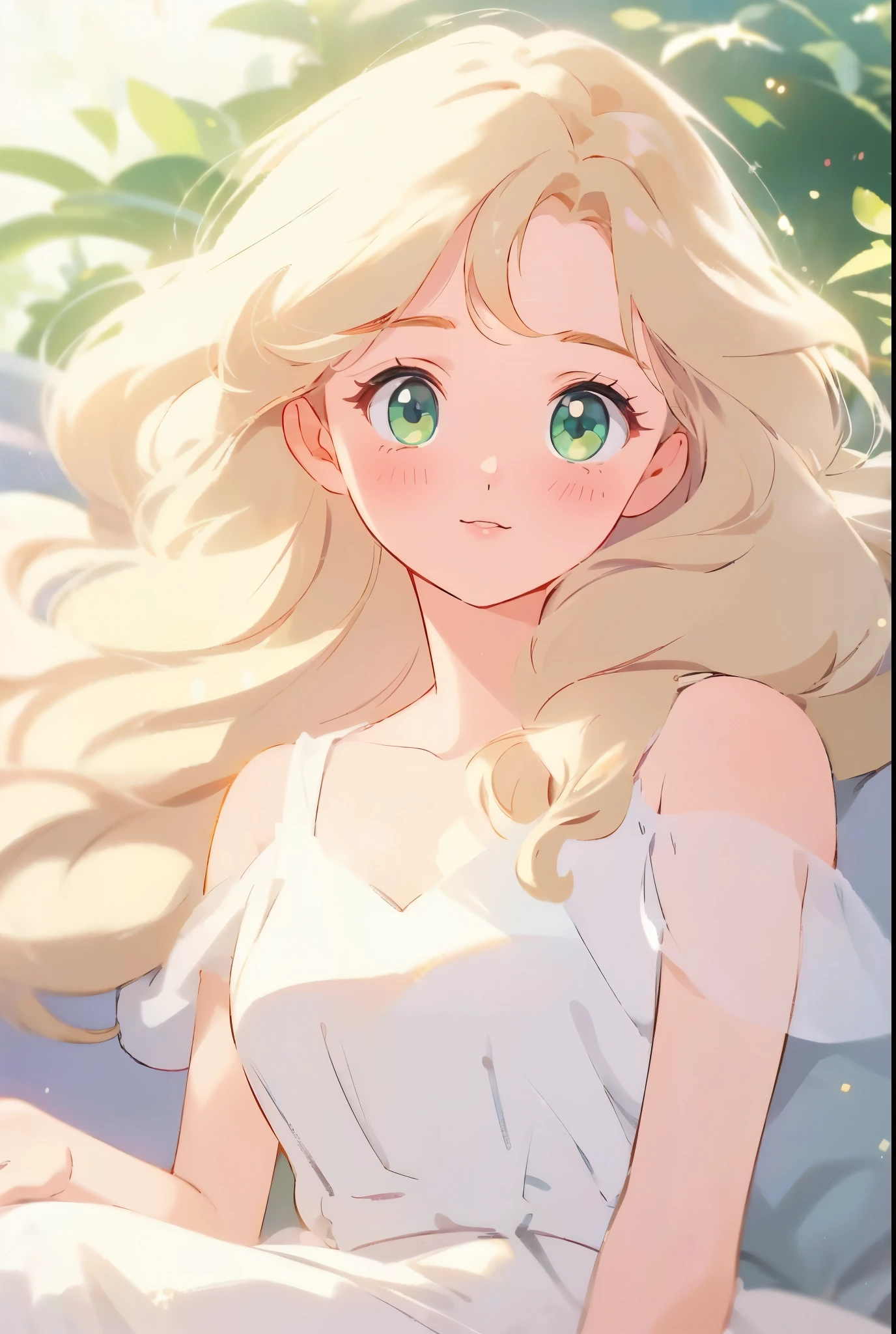 Lillie, green eyes, fair skin, fluffy light blonde hair, higher quality, soft vivid colour, sweet face, blushing, cute face,lovely face, living room, sitting on the couch, fairy core, lovely, splendid, delicacy, pearly dim light, 4k, extremely detailed, sparkling eyes, perfect face, soft smile, sweet face, lovely, korean manga style,manwha style, webtoon style,korean webtoon, Ultra Detail, , soft pastel colours, sfw, 4k, perfect quality, 1girl, solo, white dress,