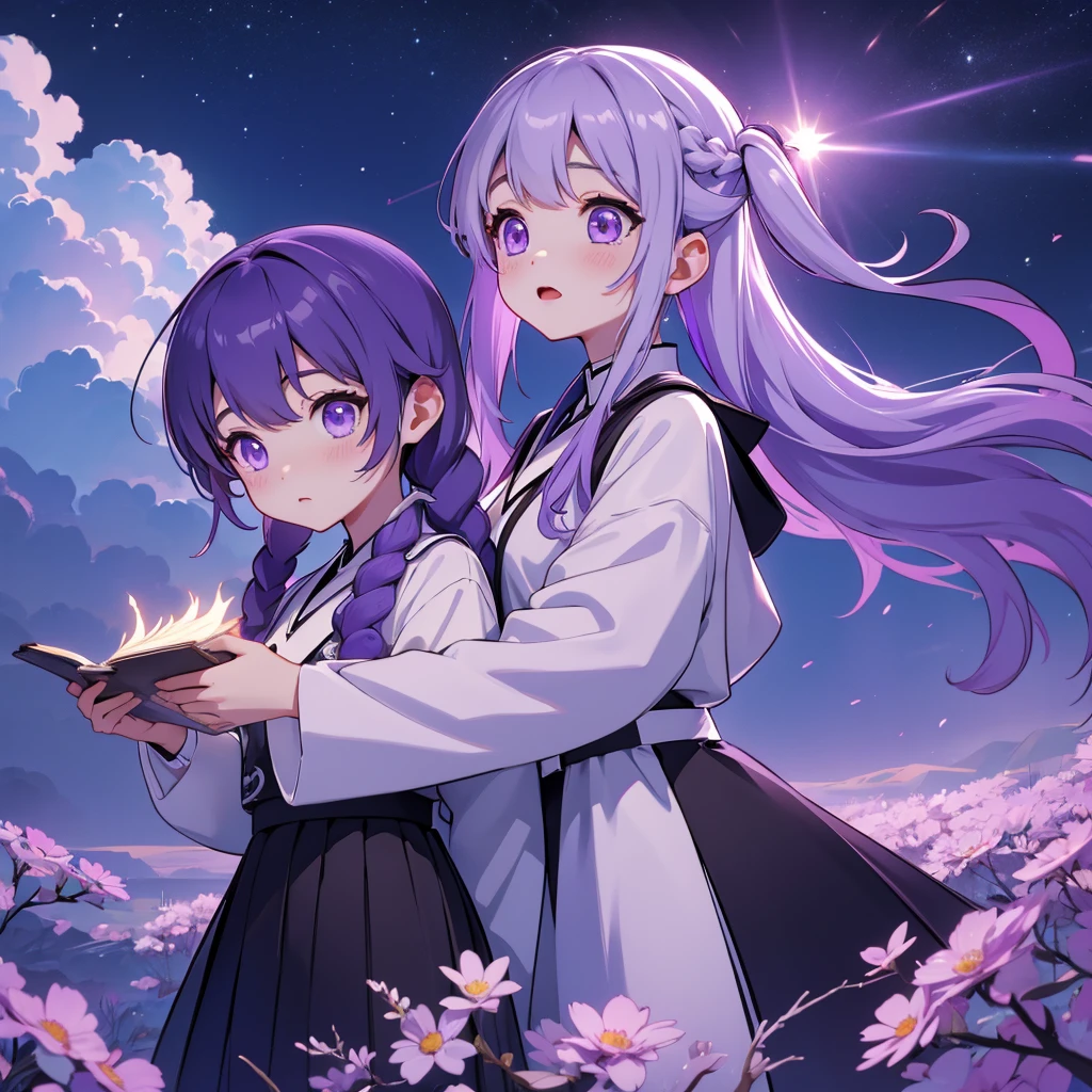 Man and woman couple、c0upl3、The best composition、highest quality、最高masterpiece、Official Art、Award-winning works、Man and woman couple、nature、null、cloud、null中に舞う繊細な花びら、Long purple hair with a milky white top and purple gradation as it goes down、Detailed eyes、Twin tail braiden&#39;s milky white with purple highlights short hair、nullを見上げて微笑む、Beautiful Face、masterpiece、highest quality、(High definition CG Unity 8k wallpaper) (highest quality)、(Best illustration)、
