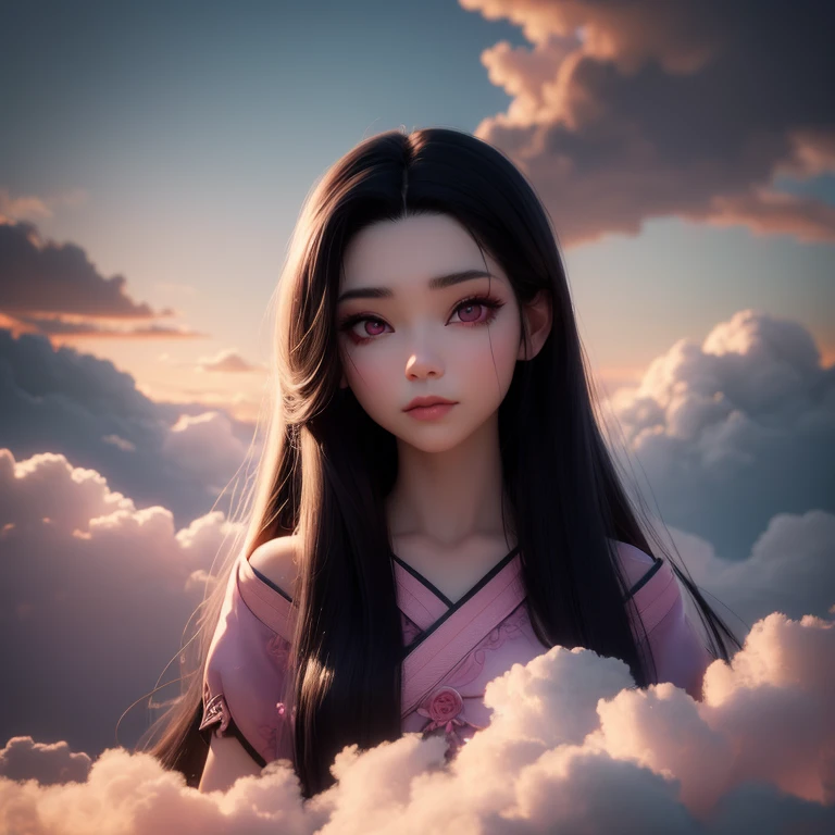 Masterpiece, Detailed, Best Quality, 8K Wallpaper, HDR, Octane Rendering. Nezuko kamado, (Long black hair, shiny hair: 1.4), (Beautiful and detailed pink eyes: 1.2), demon hunter, horror beauty, (Beautiful and detailed face with perfect symmetry), perched on a cloud, (fantasy lighting: 1.3), enchanting look, captivating pose, delicate scars, otherworldly charm, mystical sky, moonlit night, big full moon, soft colors, (detailed cloud landscape: 1.3), beautiful detailed scenery