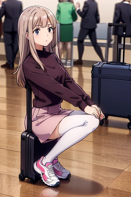 best quality,4k,8k,highres,masterpiece:1.2),
chocolate brown hair, lilac eyes, wears a white long-sleeved blouse, red skirt, tights, sneakers.  She has a pink suitcase at the airport.
