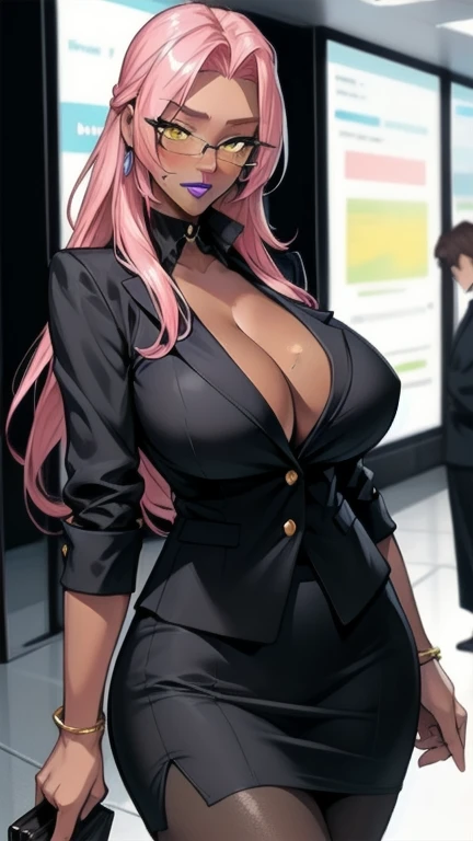 1girl,ingrid, dark-skinned female, very long hair, yellow eyes, purple lips, pink hair, forehead, hair intakes, mole under mouth, mole, huge breasts,business suit, formal, jacket suit, skirt suit, cleavage,cowboy shot,glasses