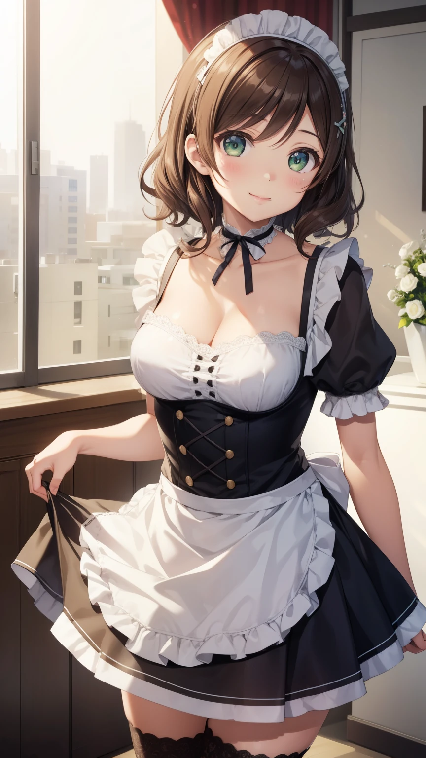 nozomitoujou, nozomi toujou, green eyes, brown hair, short curly hair, large breasts, masterpiece, best quality, high resolution, beautiful detailed eyes, extremely detailed face, good lighting, detailed CG, messy hair, glossy lips, maid, short puffy sleeves, small maid apron, thigh highs, light smile, shopping centre, crowd, collarbone, cleavage