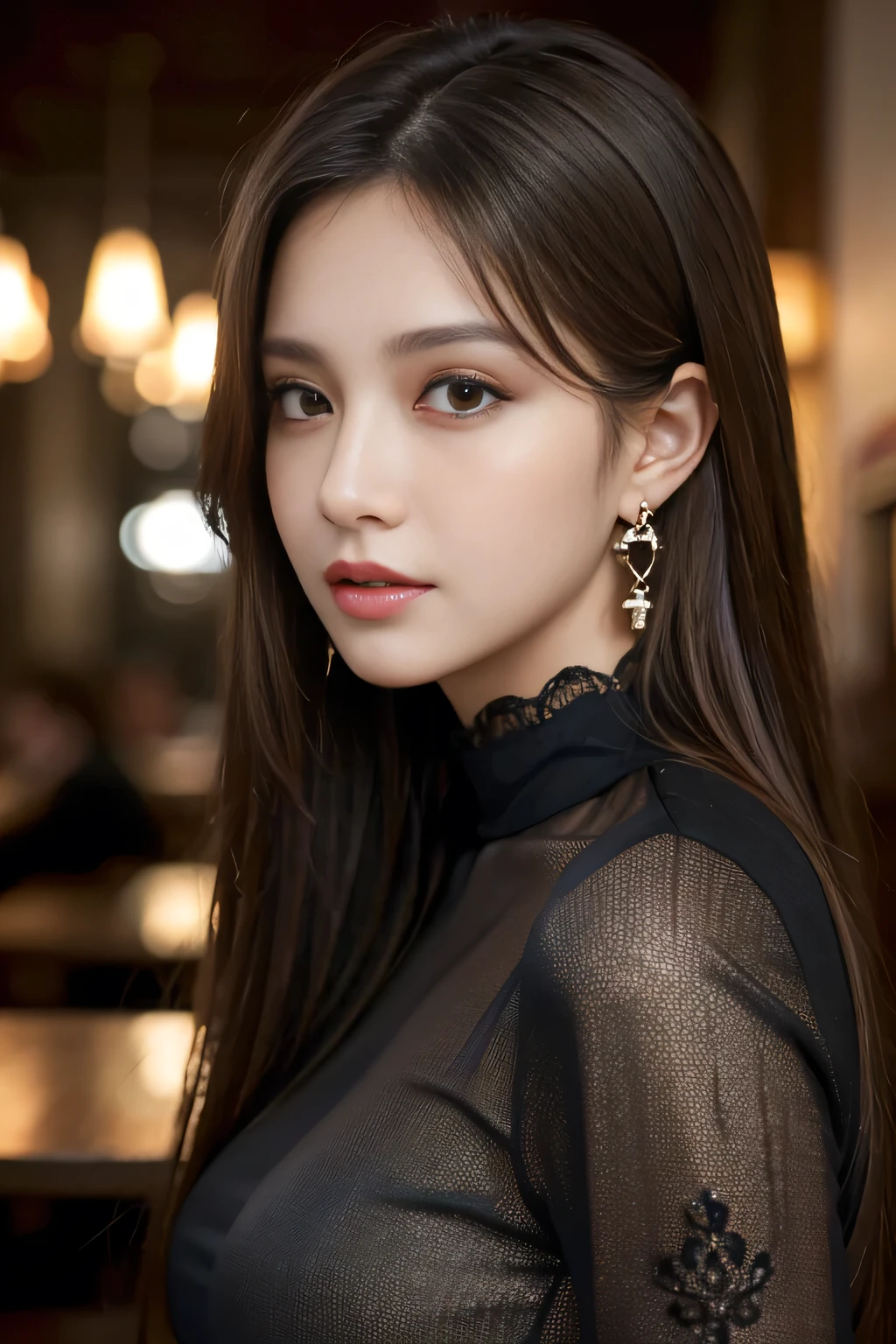 masterpiece, highest quality, Realistic, Very detailed, Finer details, High resolution, 8k wallpaper, One beautiful woman, Wear a black see-through shirt, In a great restaurant, At night, Light brown messy hair, Perfect dynamic composition, Beautiful and beautiful eyes、Big earrings