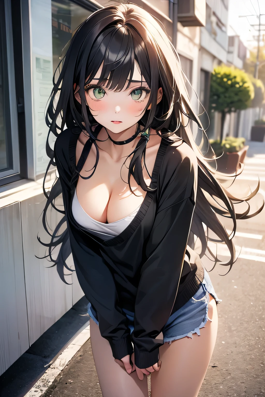 Beautiful girl, goth, long hair, green eyes, bangs, loose black sweatshirt, cleavage, legs detailed, cute face, school background, good quality, sexy pose