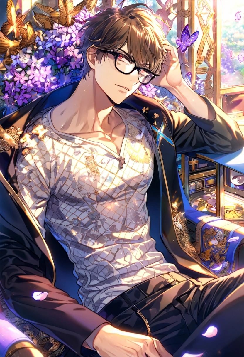 Ultra detailed, Highres, absurdres, HDR, Miyuki Kazuya, brown hair, expressive amber eyes, black coat with patterns, black glasses, Diamond No Ace, white shirt, cross, glittering purple butterflies, petals, handsome, sexy man, solo, very detailed eyes and face, master piece, toned chest, glittering, purple flowers, sitting