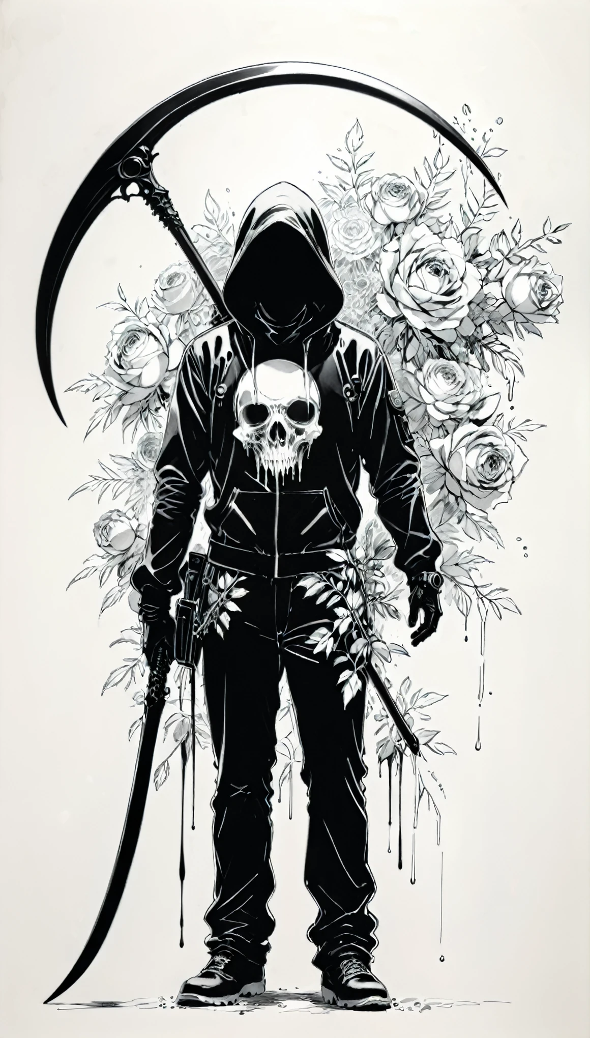 (Anime line drawing:1.5),(Black and White:1.45),Minimalism,(Line Art:1.6),sketch,charcoal drawing,in style of Nick Veasey,by Hirohiko Araki,
BREAK
Black Reaper,holding Scythe of Death,(intricate details:1.7),the fine texture of the sickle,(gorgeous and heavy scythe:1.2),epitaxial alienation of the sickle,
BREAK
(bloom:1.3),(full bloom:1.3),steelblue Rose,Ominous Red,the energy atmosphere of the grim reaper,
BREAK
(Blood splatter:1.3),(paint splatter:1.2),(dripping paint:1.2),