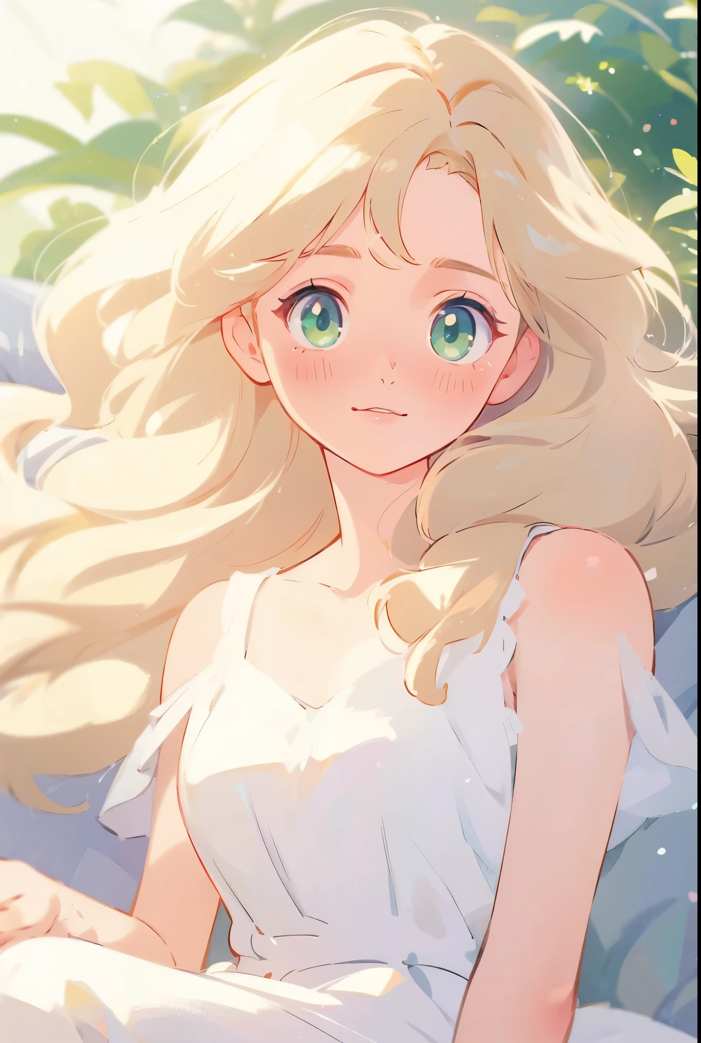 Lillie, green eyes, fair skin, fluffy light blonde hair, higher quality, soft vivid colour, sweet face, blushing, cute face,lovely face, living room, sitting on the couch, fairy core, lovely, splendid, delicacy, pearly dim light, 4k, extremely detailed, sparkling eyes, perfect face, soft smile, sweet face, lovely, korean manga style,manwha style, webtoon style,korean webtoon, Ultra Detail, , soft pastel colours, sfw, 4k, perfect quality, 1girl, solo, white dress,