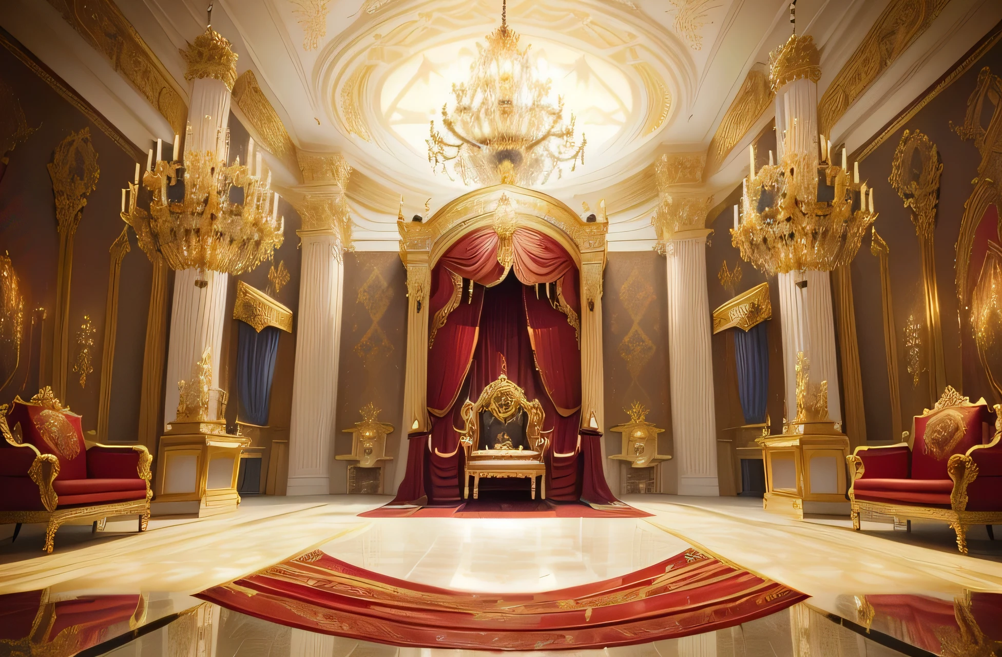 a close up of a throne in a large room with a chandelier, exquisitely designed throne room, decadent throne room, throne room, royal interior, in a throne room, rustic throne room, inside a palace, inside a grand ornate room, luxurious environment, seated in royal ease, baroque style painting backdrop, regal aesthetic, palace background, royally decorated, royal gown