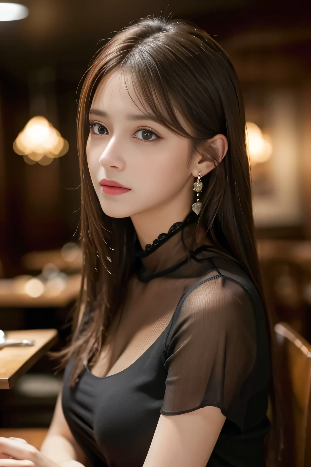 masterpiece, highest quality, Realistic, Very detailed, Finer details, High resolution, 8k wallpaper, One beautiful woman, Wear a black see-through shirt, In a great restaurant, At night, Light brown messy hair, Perfect dynamic composition, Beautiful and beautiful eyes、Big earrings