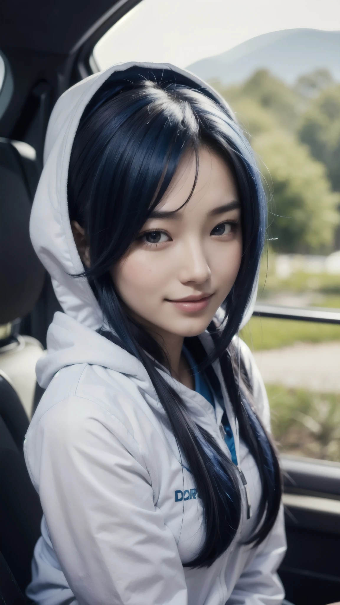 8k, best quality, masterpiece, realistic, ultra detail, photo realistic, hyper realistic, smoother lighting, increase cinematic lighting quality, realistic lighting, backlighting, brightening light, Increase quality, best quality real texture skin, 
close-up, slender, cute face, smile, beautiful details eyes, 19years old korean, pretty, Drill hair with electric blue color, hood,