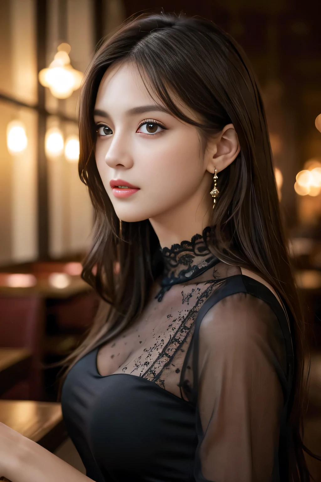 masterpiece, highest quality, Realistic, Very detailed, Finer details, High resolution, 8k wallpaper, One beautiful woman, Wear a black see-through shirt, In a great restaurant, At night, Light brown messy hair, Perfect dynamic composition, Beautiful and beautiful eyes、Big earrings
