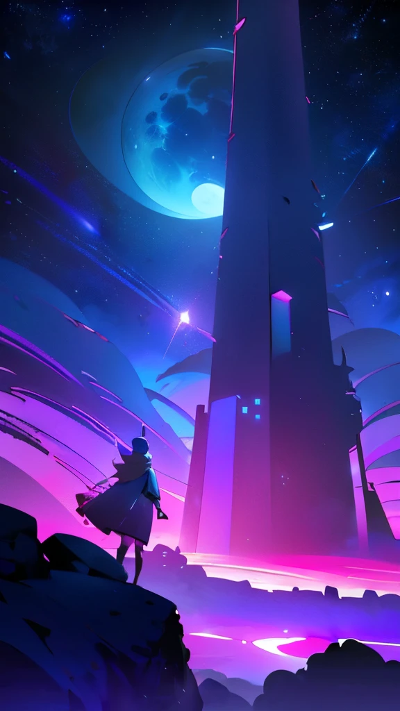 Artwork of Exceptional Quality and Detail, Vivid Neon Pink and Cerulean Blue Nebula Lighting illuminates a Lunar Landscape. The scene features a Spacecraft nestled amongst the rocks and craters, with stars twinkling in the backdrop. A Slim Female Figure with delicate and perfect features, adorned with long hair crossed with stripes of white and lavender, stands amidst the lunar setting. She is accompanied by two Shepherd Dogs, their silhouettes standing out against the evening glow. In the foreground, Futuristic Aerodynes hover, adding a touch of science-fiction to this breathtaking artwork. This Space Girl