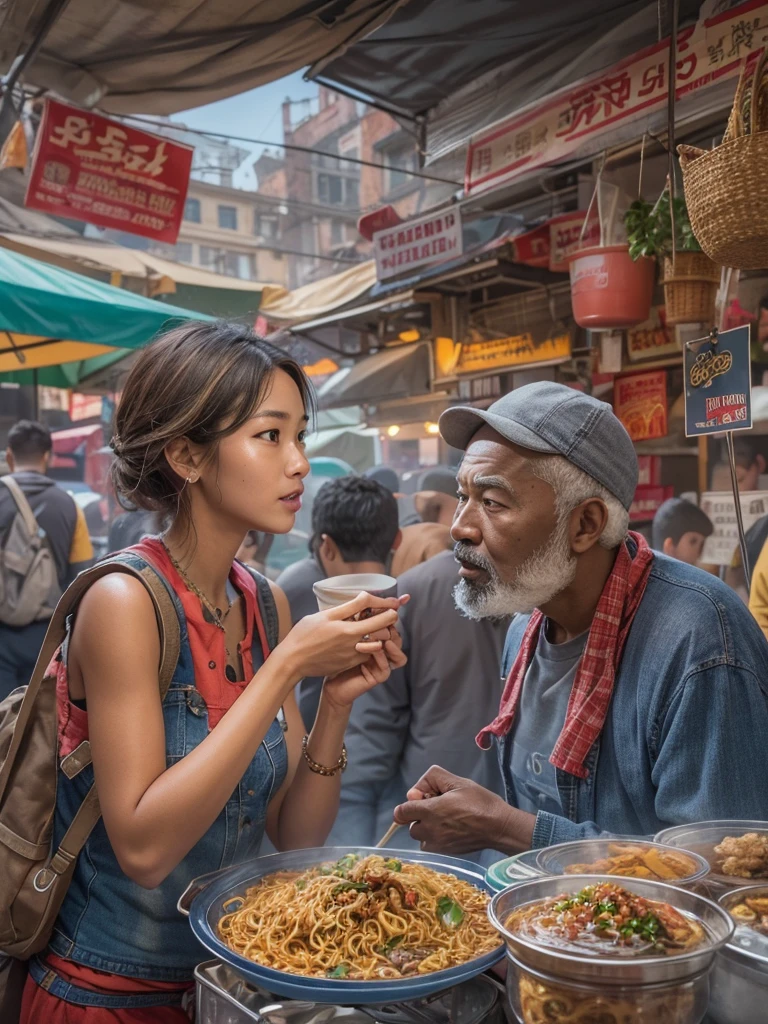A street photography picture of Peter Parker the wandering backpacker Traveller, with mirrorless camera hanging on his neck, talking with a beautiful Mie Goreng seller woman at her exotic food stall, with an intricate detail of bustling street food market background, professional photorealistic color pencil illustration, highly influenced with Don Lawrence style, octane render, sharp and crisp picture, masterpiece