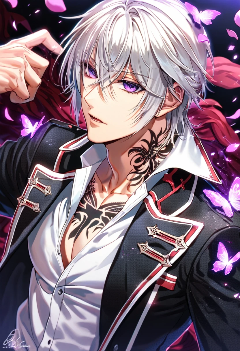 absurdres, highres, ultra detailed, HDR, master piece, best quality, Zero Kiryuu, white hair, short hair, expressive purple eyes, Vampire Knight, tatto on the neck, solo, sexy man, handsome, toned chest, black jacket, white shirt, vampire knight uniform, cross, purple butterflies, petals, magical