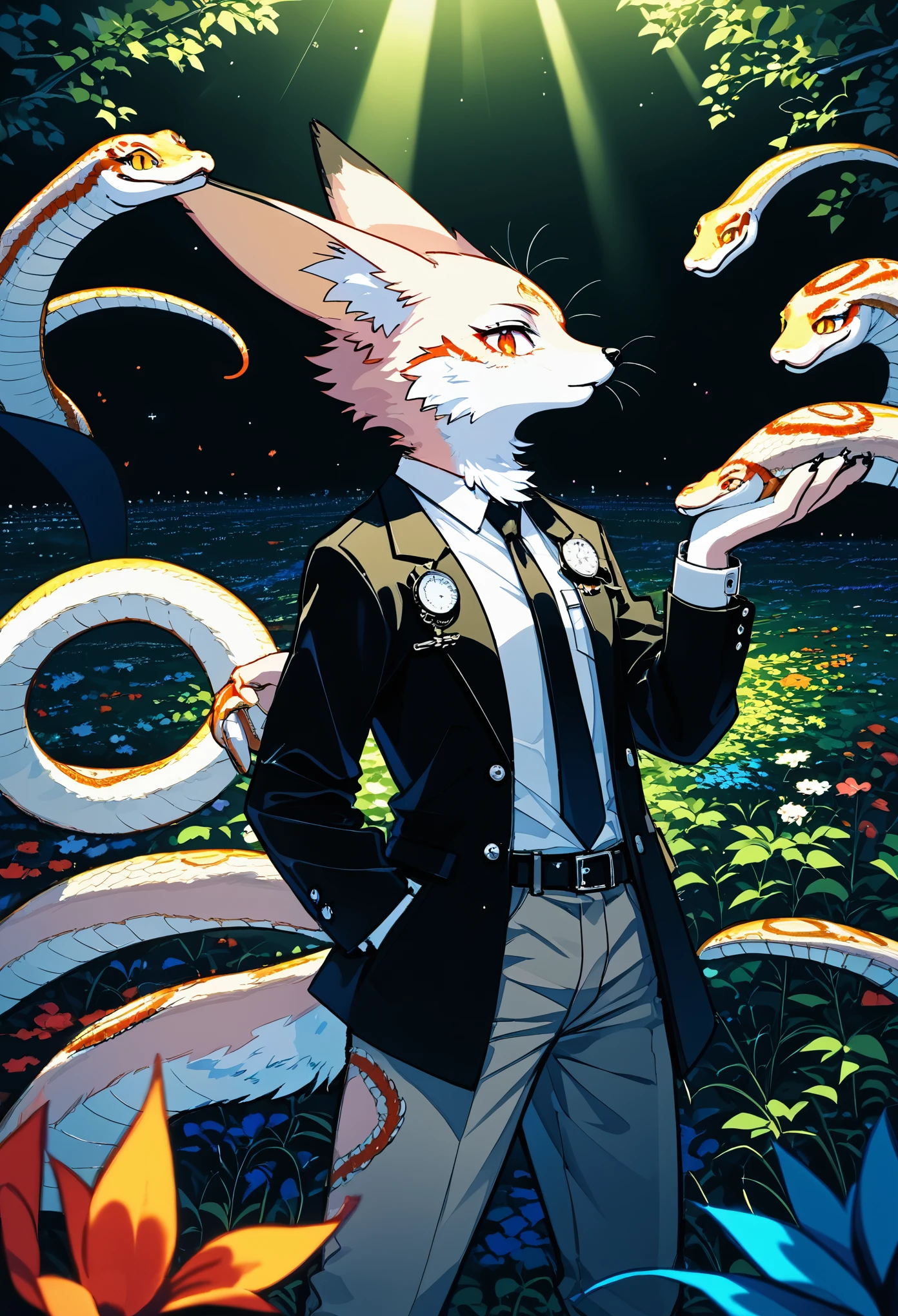 e621(best quality, high resolution, ultra-detailed)silhouett(kemono, furry anthro)holding striking pocket watch, surrounded by flowers, snakes and darkness, illustrative rendering, intricate details, mysterious atmosphere, vibrant colors, dynamic lighting , Gothic style,