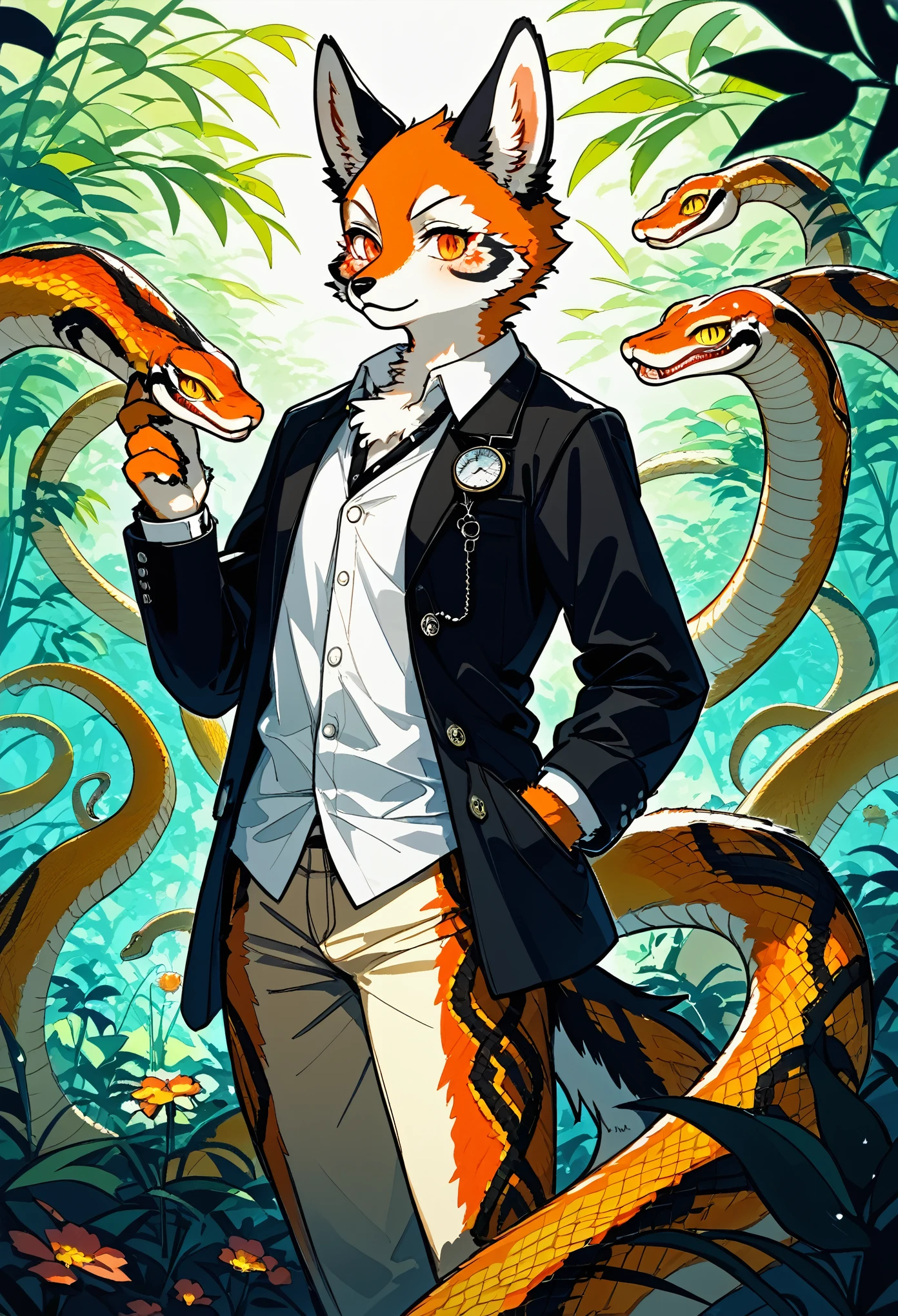 e621(best quality, high resolution, ultra-detailed)silhouett(kemono, furry anthro)holding striking pocket watch, surrounded by flowers, snakes and darkness, illustrative rendering, intricate details, mysterious atmosphere, vibrant colors, dynamic lighting , Gothic style,